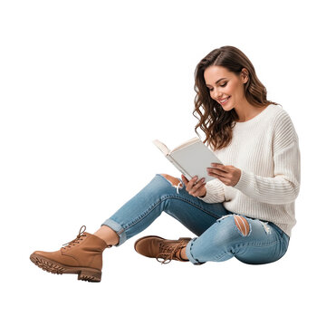 Young woman wearing a cozy sweater and jeans sitting on the floor reading a book isolated on transparent background