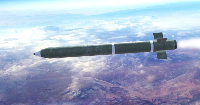 Intercontinental ballistic missile flying above remote terrain. War And Weapons Related 3D Animation.