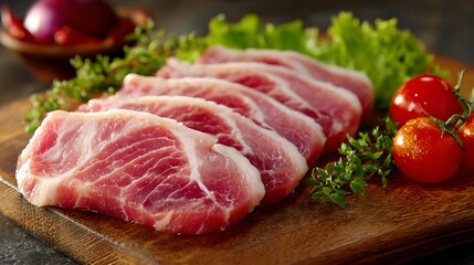 Fresh Pork Loin Slices on Wood Board with Herbs and Tomatoes