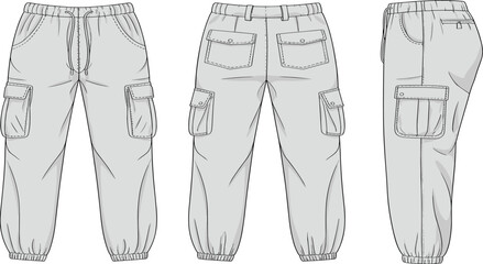 Cargo jogger pants technical flat sketch, front, back, side view illustration, elastic waistband, utility pockets, fashion design template