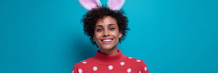 African American woman gleefully sports whimsical bunny ears, celebrating Afro-Paschal joy and quirky Festivity of Fools vibrancy