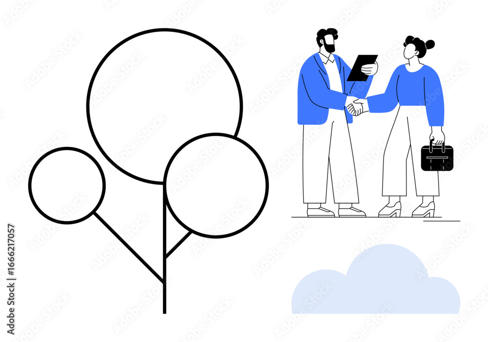 Poster two professionals shaking hands while discussing documents, with abstract tree and cloud elements. i