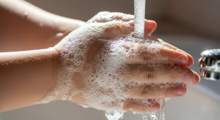 Fototapeta premium Person washing hands with soap and water. Proper hygiene technique to prevent disease spread. Healthcare and sanitation concept. Close-up view of lathered palms under running tap.