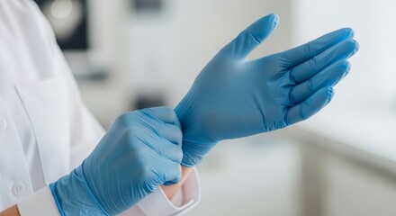 Medical professional putting on blue latex gloves. Healthcare worker preparing for sterile procedure. Hygiene and safety in hospital or clinic. Infection control concept.