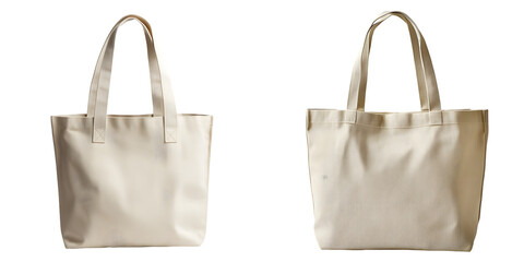 Beige canvas tote bag with long handles, designed for carrying everyday essentials, displayed isolated on a transparent background