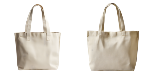 Beige canvas tote bag with long handles, designed for carrying everyday essentials, displayed isolated on a transparent background