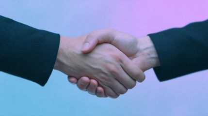 Firm handshake under neon twilight, business trust, global unity, Pacific Rim International Day, bridging worlds and cultures