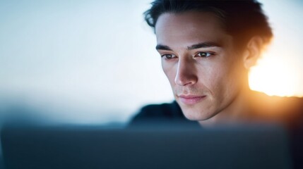 A focused light-skinned male entranced by a digital glow, symbolizing Techies Day and World Creativity and Innovation Day