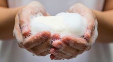 Fototapeta premium Woman's hands holding soap foam with water droplets. Personal hygiene and handwashing concept. Clean hands for health and disease prevention. Close-up view with copy space.