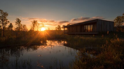 Fototapeta premium Cabin at Sunset Reflected in Pond, Nature Scene, Peaceful Getaway