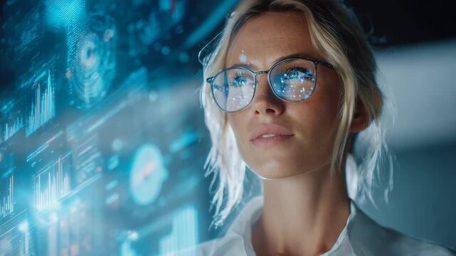 Business woman working on hologram inside office - 3D, technology and innovation concept - Model by AI generative