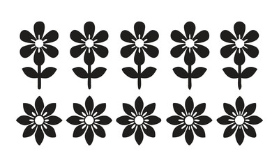Black Silhouette Daisy Flowers with Stems and Leaves on White Background vector illustration