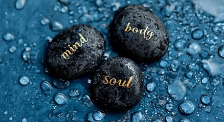 Mind body soul stones on wet blue surface