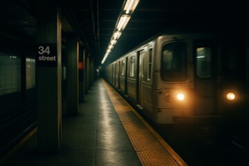 A subway train pulls into the 34th Street station, creating a sense of anticipation.