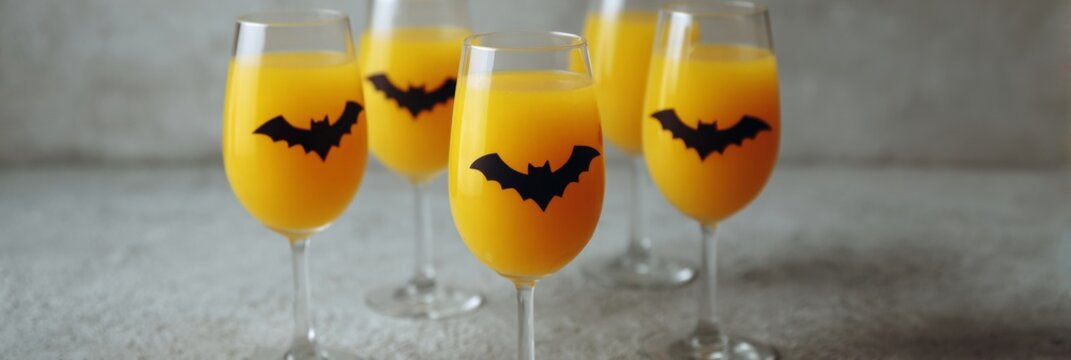 Chilled orange goblets, adorned with mysterious bat silhouettes, summon Halloweens spectral zest and eccentric Samhain soirees