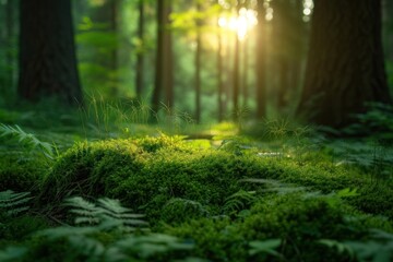 Obraz premium Forest with moss and grass sunlight vegetation outdoors.