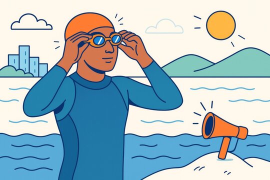 Swimmer adjusting goggles near ocean with mountains, city, sun, and megaphone on light background, outdoor summer activity concept. Ai generative