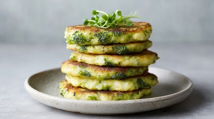 Zesty broccoli fritters stacked high, infused with herbal whispers, capture the essence of Green Monday and National Vegetarian Week