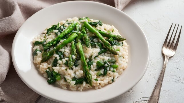 Creamy asparagus risotto dances on a porcelain stage, celebrating Arbor Day elegance and the solstice of springtime abundance