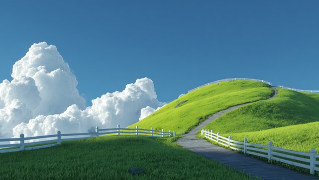 Lush green rolling hills under a vast blue sky with fluffy clouds