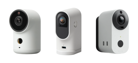 Showcase of modern home mini cameras for action capture, isolated on transparent background, png set