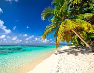 Obraz premium Beautiful tropical beach with white sand, palm trees, turquoise ocean against blue sky with .jpg