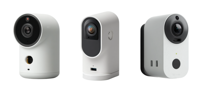 Showcase of modern home mini cameras for action capture, isolated on transparent background, png set - Powered by Adobe