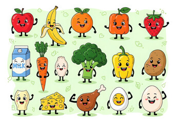 Fototapeta premium Happy cartoon fruits vegetables and dairy products collection