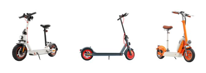 Exploring electric scooters urban streets product showcase, isolated on transparent background, png set