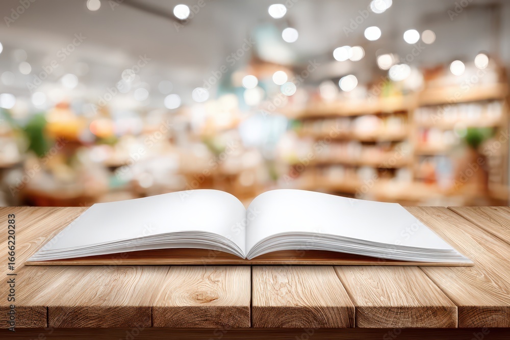 Poster an open blank book with empty pages on a rustic wooden table, blurred store interior.
