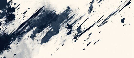 Abstract dark blue ink splatters and brush strokes on white background.