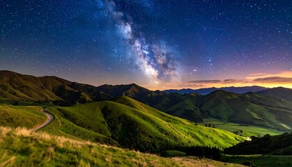 Night view of rolling hills, milky way