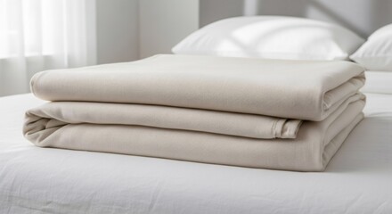 Fototapeta premium Folded white bed sheets on mattress. Clean linen for hotel or home bedroom. Comfortable bedding concept. Minimalist interior design with copy space