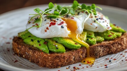 Delicious Avocado Toast with Poached Eggs and Sprouts on Plate