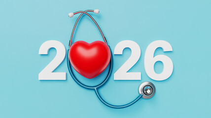 Fototapeta premium A stethoscope wraps around a vibrant red heart symbolizing health and care against the backdrop of the year 2026