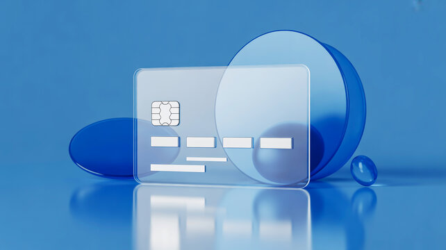 Modern transparent credit card with abstract blue shapes on a reflective surface