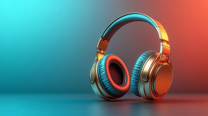 Naklejka premium A pair of stylish headphones with blue and gold accents on a gradient background of blue and red hues