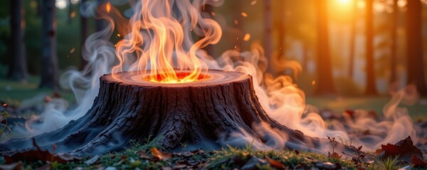 a cut tree stump glowing, carbon emissions visible, atmosphere filling, futuristic educational design, ultra detailed visuals