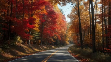 Autumnal road through vibrant foliage