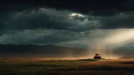 Fototapeta premium Dramatic Landscape with Tractor Under Dark Clouds and Sunbeams