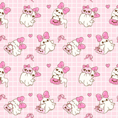 Coquette Halloween Ghost Seamless Pattern Retro Sweet and Spooky Ghost sheet with bow Doodle Repeat Background