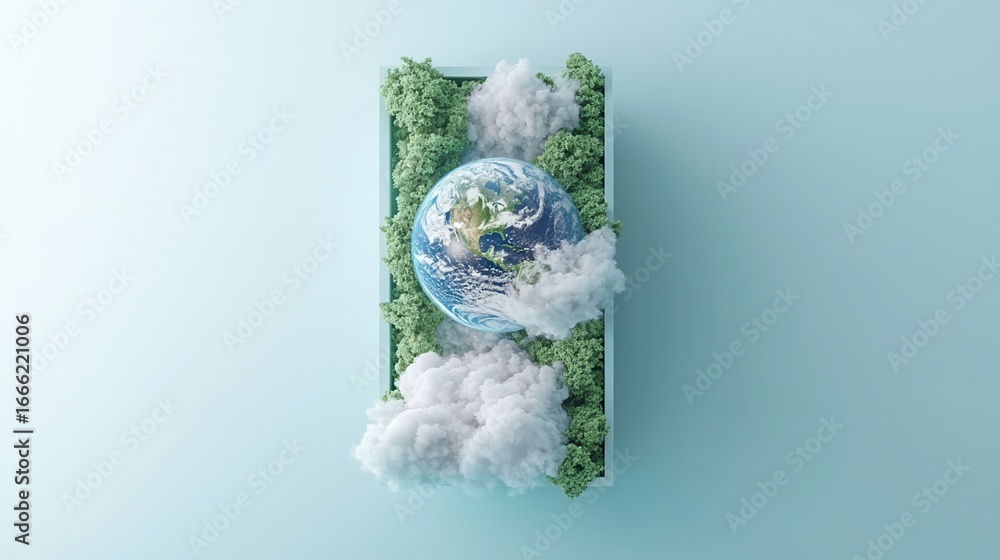 Poster wold ozone day. surreal design with a globe surrounded by clouds and greenery.
