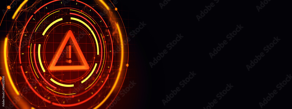 Poster cybersecurity warning symbol with glowing red alert icon in futuristic digital interface on dark bac