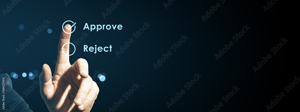Poster human finger pressing approve button on digital touchscreen interface with glowing neon ui elements 