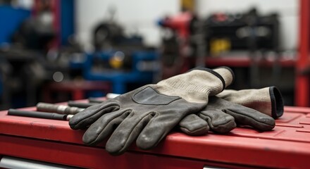 Work Gloves Resting on Red Workbench in Garage or Workshop Setting