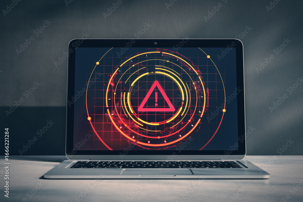 Poster cybersecurity warning icon with digital red alert symbol on laptop screen in modern office environme