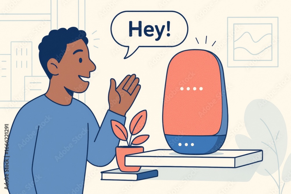 Poster man interacting with smart speaker in modern room setting, speech bubble saying 
