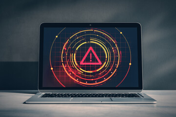 Cybersecurity warning icon with digital red alert symbol on laptop screen in modern office environment on a desk under focused lighting. 3D Rendering