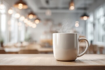Steaming coffee mug on a wooden table with a blurred cafe background, cozy atmosphere.