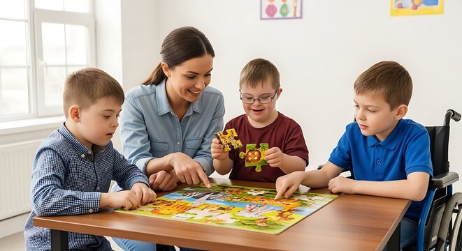 Inclusive educational setting where a caring teacher assists diverse children with special needs, including Down syndrome, in a collaborative puzzle activity